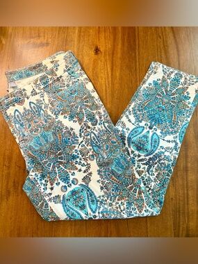 Women's White Paisley Print Stretch pants — Turquoise & Brown